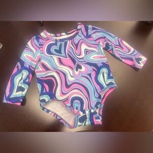 Girls Long Sleeve Swirl Heart Swimsuit- Pink, Purple & Blue